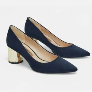 Zara Basics Navy Suede Pump Gold Block Heel Size 7.5